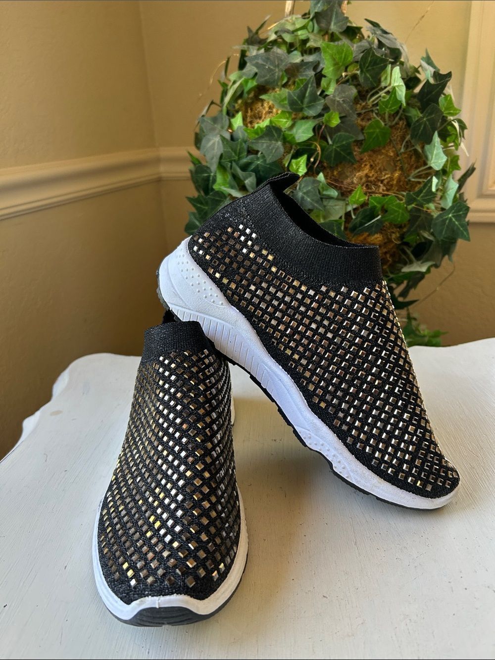 Atalina Black Slip-On Mesh Sneakers Featuring Sparkly Rhinestone with White Sole